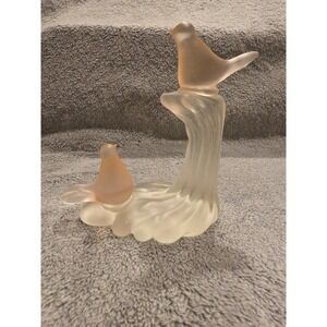 Vintage Crowning Touch Collection Pink Satin Art Glass Birds on Branch Frosted